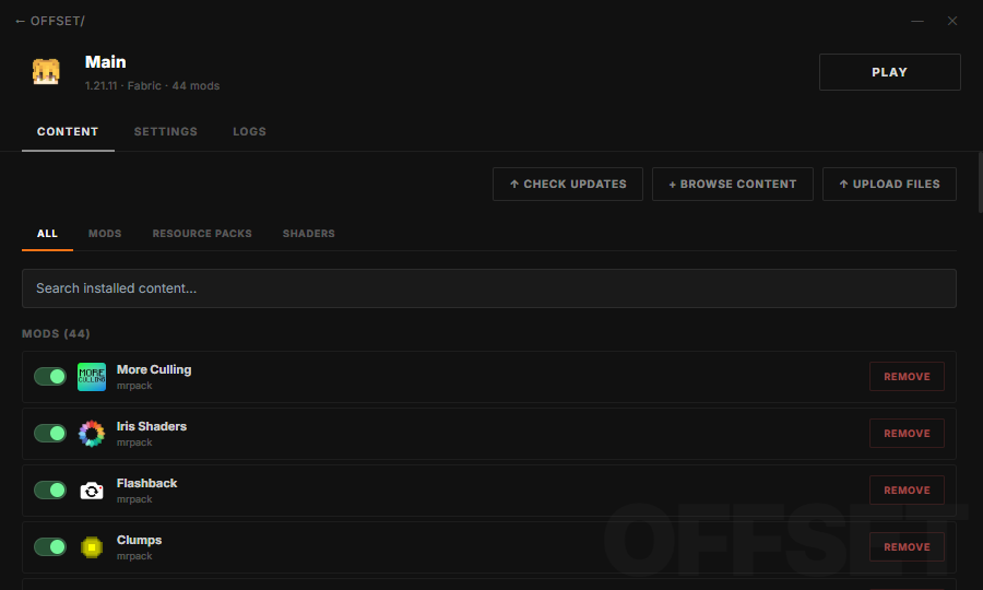 Modpack management screenshot